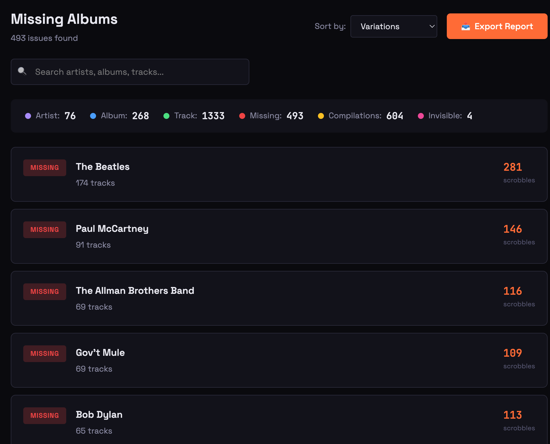 The Scrobble Analyzer issue detail list, here showing artists with tracks missing album data