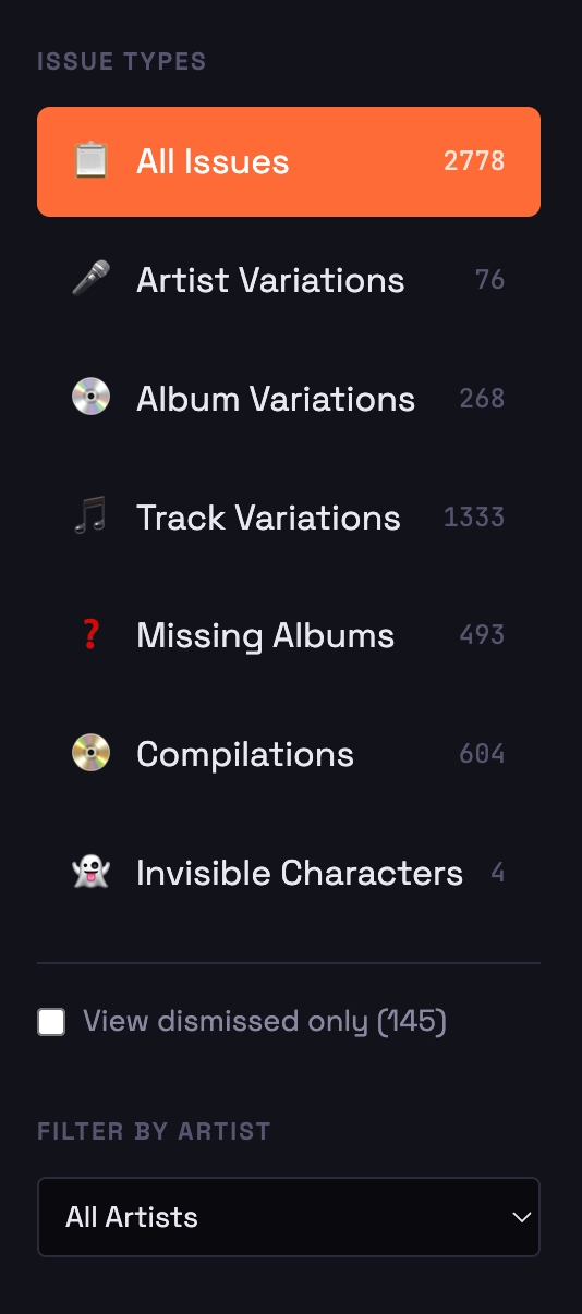 Photo of the left sidebar of Scrobble Analyzer which allows the user to filter to only show specific issue types